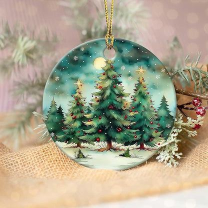 Christmas Tree Forest Ornaments Round Ceramic Ornament Christmas Keepsake Decor for Xmas Tree Winter Holiday Xmas Gift for Women Men Hanging Ornament 3"