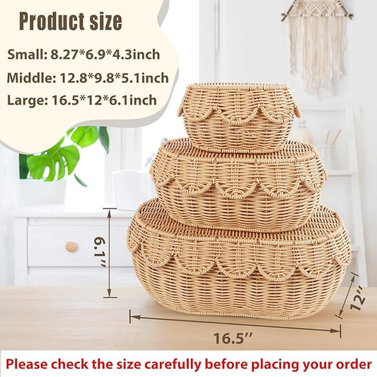 3 Pcs Scalloped Basket With Lid, Hand Woven Plastic Wicker Basket Set, 16 x 12 x 6 In Decorative Scalloped Edge Basket for Storage Food, Clothes, Toys, Picnic Table Bathroom Decor (S+M+L)