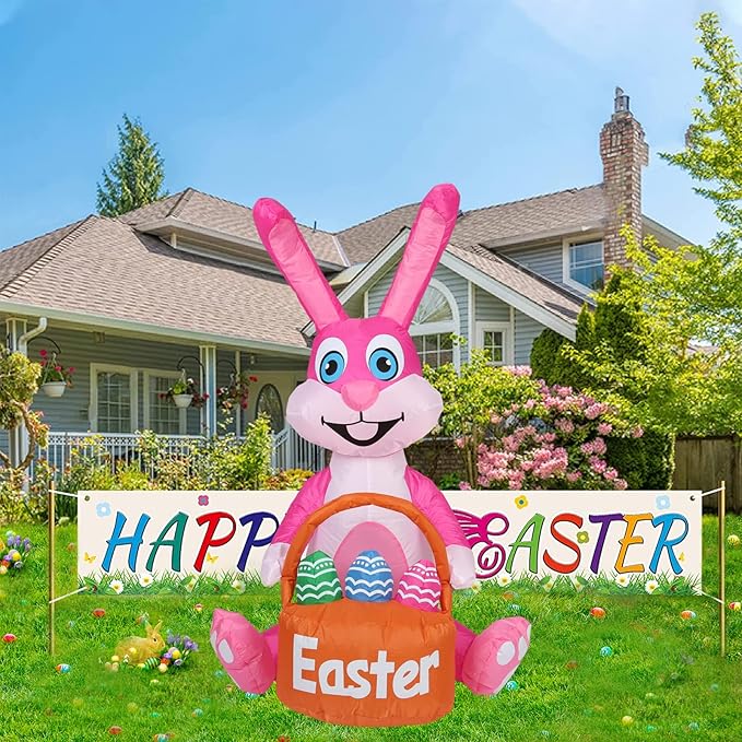 4FT Easter Inflatable Bunny with Egg Blow up Outdoor Yard Decorations - Built-in LED Lights for Easter, Holiday, Party, Yard, Garden, Lawn