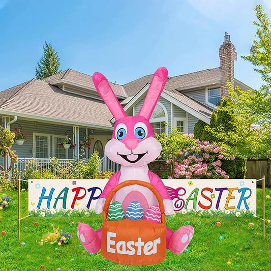 4FT Easter Inflatable Bunny with Egg Blow up Outdoor Yard Decorations - Built-in LED Lights for Easter, Holiday, Party, Yard, Garden, Lawn
