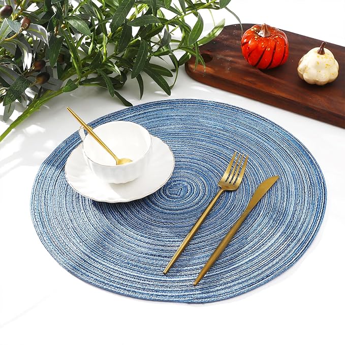 SHACOS Round Braided Placemats Set of 6 Circle Place Mats Kitchen Table Mats for Dining Table Wedding Party (Blue Gray, 6)