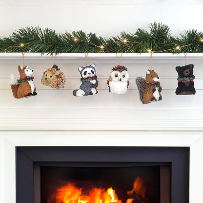 naturevibe Sisal Woodland Animals Christmas Tree Ornaments,Set of 6 Natural Forest Friends with Gift Boxes for Presents,Ornaments Animals as Rustic Home Decorations