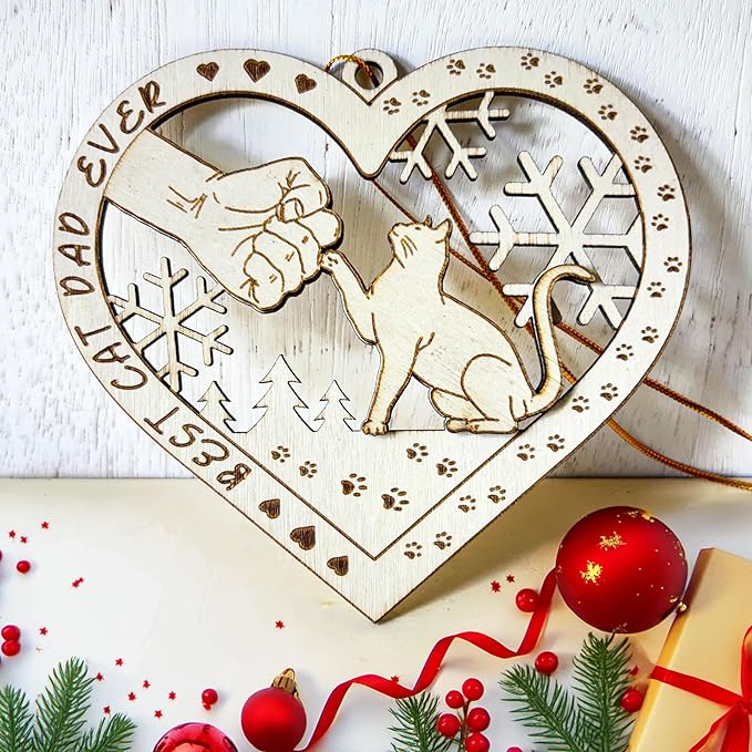 Best Cat Dad Ever Wooden Ornament - Cat & Dad Fist Bump Heart-Shaped Holiday Decoration - 2024 Kitten Christmas Ornament