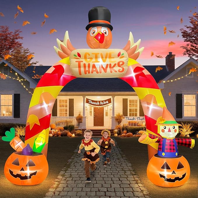 12FT Thanksgiving Inflatable Archway with LED Light, Kalolary Giant Turkey Arch Inflatables Happy Thanksgiving Day Blow up Outdoor Decoartion Autumn Harvest Yard Inflatable for Lawn Holiday Home