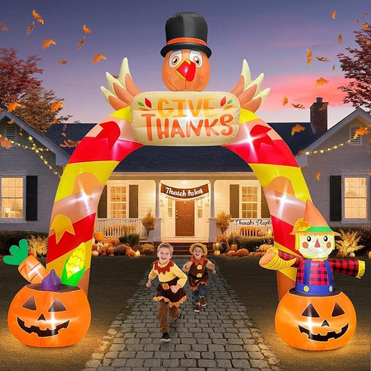 12FT Thanksgiving Inflatable Archway with LED Light, Kalolary Giant Turkey Arch Inflatables Happy Thanksgiving Day Blow up Outdoor Decoartion Autumn Harvest Yard Inflatable for Lawn Holiday Home