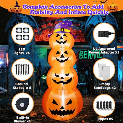 B&D 8FT Halloween Inflatable Outdoor Decoration Stacked Pumpkins with Witch’s Hat, Inflatable Halloween Decorations Blow up Pumpkin Built-in LEDs for Holiday Party Indoor Outdoor Yard Garden Lawn