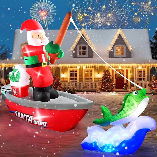 Kalolary 15FT Long Christmas Inflatables Fishing Santa Claus, Santa Inflatables Blow Up Yard Outdoor Decorations with Built-in Rotating Blue LED Lights for Xmas Party Yard Garden Lawn Indoor Decors