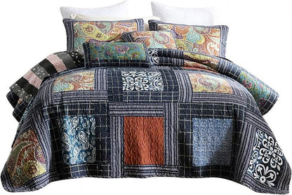 NEWLAKE Cotton Patchwork Bedspread, 3-Piece Bedding Quilt Set with Real Stitched Embroidery, Reversible Matelasse Bed Coverlet Set,Vintage Flowery Grid,King Size