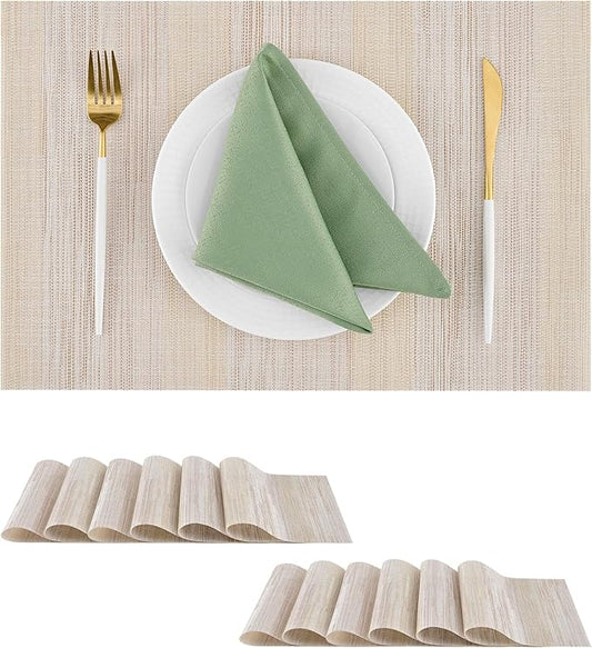 Leetaltree Lightsteel Beige with Yellow Placemats Set of 4 - Heat Resistant Non-Slip Place mats for Dining Table, Washable Durable PVC Vinyl Woven Table Mats (Lightsteel Beige with Yellow, 12)