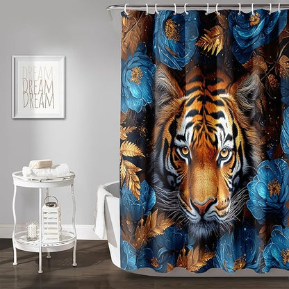 AILONEN Tiger Shower Curtains for Kids Boys,Blue Flower Tiger Bath Curtains,Wild Animal Curtains Polyester Waterproof,36" W*72" H with Plastic Hooks