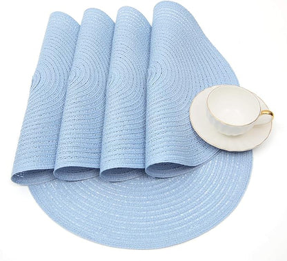 SHACOS Round Braided Placemats Set of 6 Round Table Mats for Dining Tables 15 inch (Light Blue, 6)