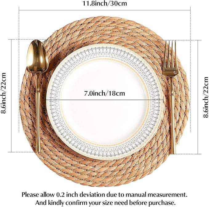 Round Woven Placemats 12 inch Set of 4 - Boho Rattan Placemats Natural Water Hyacinth Placemats, Farmhouse Weave Place Mats, Rustic Braided Wicker Table Mats for Dining Table,Home,Wedding