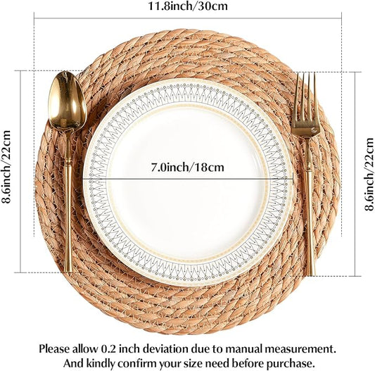 Round Woven Placemats 12 inch Set of 4 - Boho Rattan Placemats Natural Water Hyacinth Placemats, Farmhouse Weave Place Mats, Rustic Braided Wicker Table Mats for Dining Table,Home,Wedding