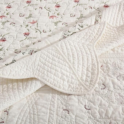 MarCielo 3-Piece 100% Cotton Oversized Bedspread Lightweight Quilt Coverlet Embroidery Farmhouse Bedding Set(TC Soft White,Oversized King (118"x106"))