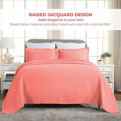 Superior Solitaire Cotton 3 Piece Bedspread Set, Home Bed Decor, Decorative Textured Bed Spread, 2 Pillow Shams, Airy Blanket, Matelasse Coverlet Bedding, All-Season Accent Blanket, King, Coral
