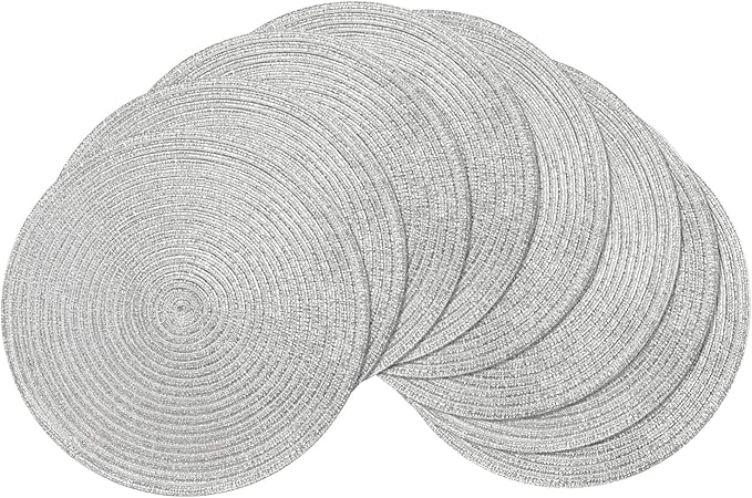 SHACOS Silver Glitter Round Braided Placemats Set of 8 Sparkle Bling Washable 15 inch Round Table Mats Woven Place Mats for Dining Table (Silver, 8)