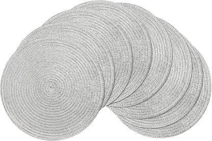 SHACOS Silver Glitter Round Braided Placemats Set of 8 Sparkle Bling Washable 15 inch Round Table Mats Woven Place Mats for Dining Table (Silver, 8)