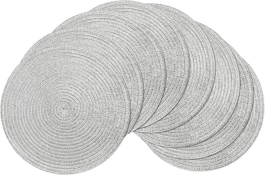 SHACOS Silver Glitter Round Braided Placemats Set of 8 Sparkle Bling Washable 15 inch Round Table Mats Woven Place Mats for Dining Table (Silver, 8)