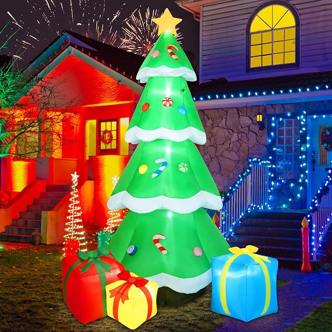 B&D 10FT Giant Inflatable Christmas Tree with Gift Box, Built-in LEDs - Outdoor Decoration for Holiday Party & Garden Lawn