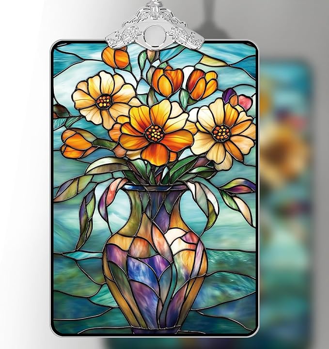Bouquet in Vase Stained Glass Ornament, 2025 Christmas Tree Hanging Decoration, Ideal Gift or Stocking Stuffer, 3.8 x 2.4 Inch
