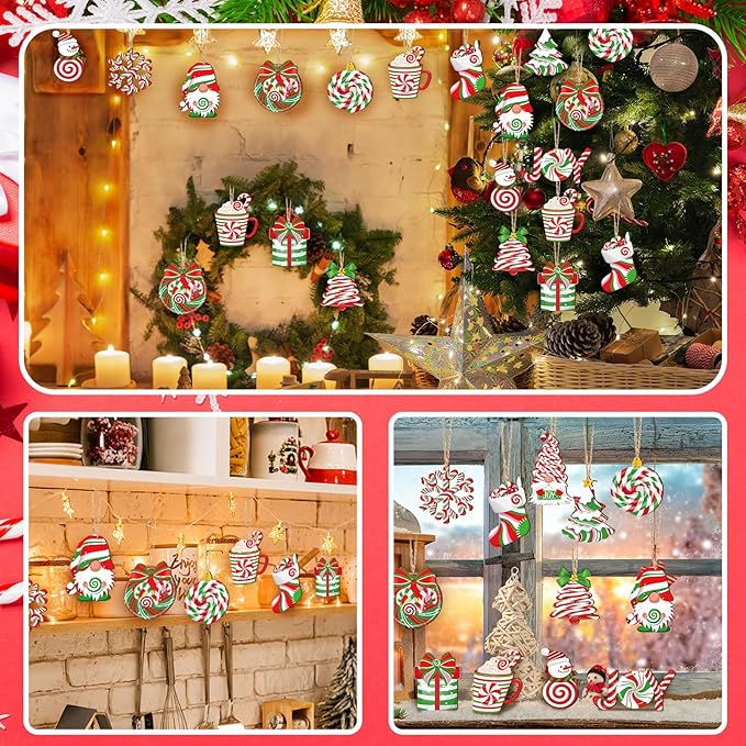 Suzile 36 Pcs Christmas Wooden Ornaments Peppermint Ornaments for Tree Vintage Christmas Decor Red and Green Candy Cane Tree Decorations Xmas Hanging Wood Cutouts Decor for Home Winter Party Wreaths