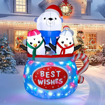 Dawdix Christmas Inflatables Decorations with Colorful Light, 6FT Inflatable Polar Bear & Penguins in Hot Cocoa Mug, Blow Up Outdoor Decorations for Xmas Holiday Yard Garden Lawn Party