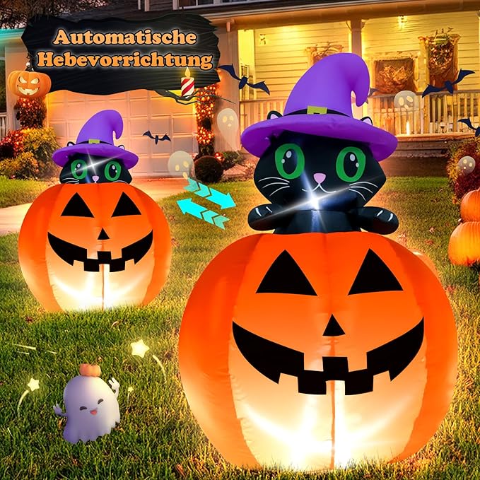 4FT Halloween Inflatable Decor Lifting Cat Pumpkins with LED Lights Indoor Outdoor Blow Up Decoration Halloween Party Holiday Decoration