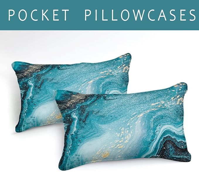 Bedbay Blue and Gold Comforter Duvet Set California King Comforter Teal Marble Bedding Comforter Set Western Bedding Watercolor Marble Abstract Art Quilt Set Bedroom Decor for Men Women(104" Wx96 L)