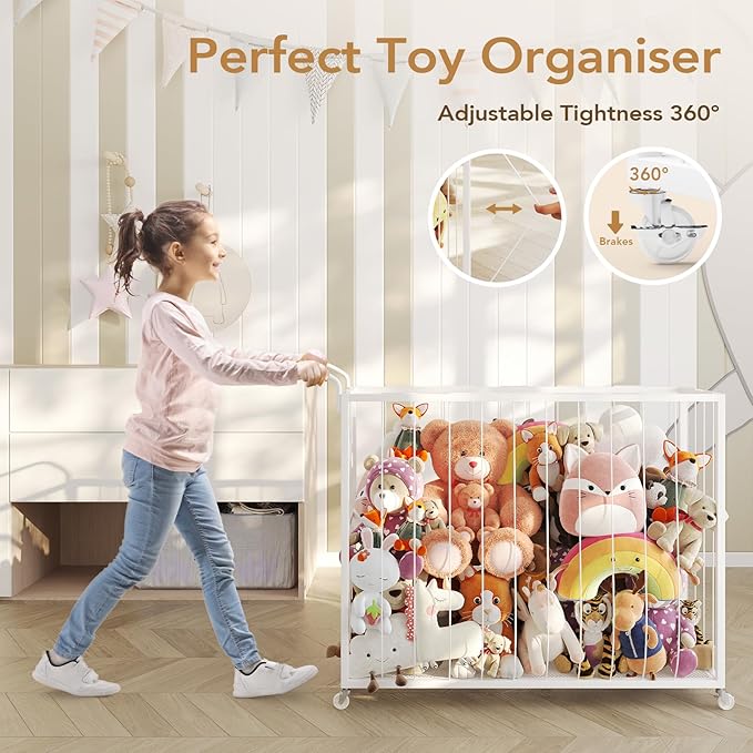 BBLIKE Stuffed Animal Storage Tower Rolling Cart - Zoo Cage Organizer for Kids' Plush Toys - Extra Large Storage Holder for Stuffy, Plushies & More in Playroom or Bedroom, 214L, White