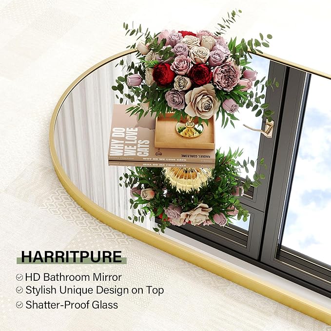 HARRITPURE 24"x36" Arched Bathroom Mirror - Wall Mounted Mirror - Gold Arch Mirror - Aluminum Alloy Frame Bathroom Mirror Living Room, Bedroom, Bathroom and Entryway