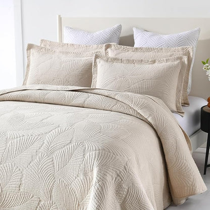 mixinni Beige Tropical Palm Tree Queen Size Quilt Set Soft Cotton Bedspread Coverlet Bed Cover-Queen Size