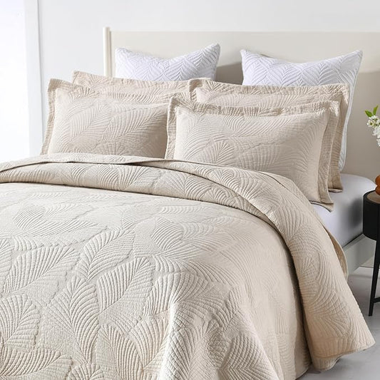 mixinni Beige Tropical Palm Tree Queen Size Quilt Set Soft Cotton Bedspread Coverlet Bed Cover-Queen Size