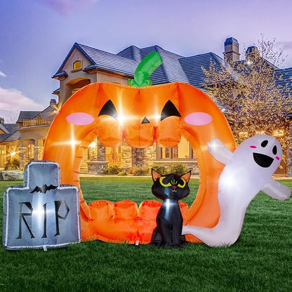 7FT Halloween Inflatable Pumpkin Photo Frame with Tombstone Black Cat White Ghost,Built-in LEDs for Halloween Blow Up Indoor Decor, Cute Fun Holiday/Party/Yard/Garden Fantasy Party Display