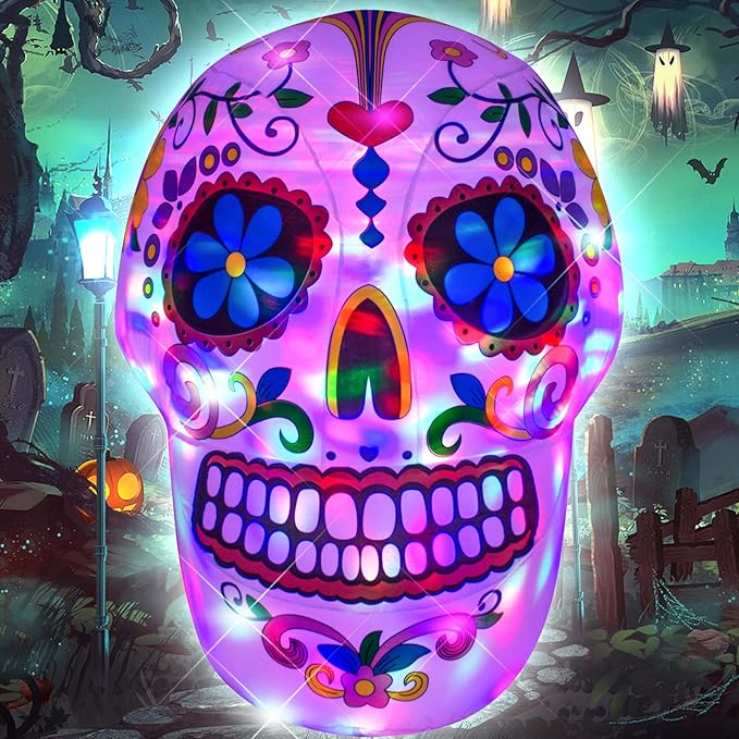 AJY 4 Feet Colorful Skull Halloween Inflatable Skull LED Lights Decor Outdoor Indoor Holiday Decorations Blow up Lighted Yard Decor Lawn Inflatable Home Garden Party Favor Decoration