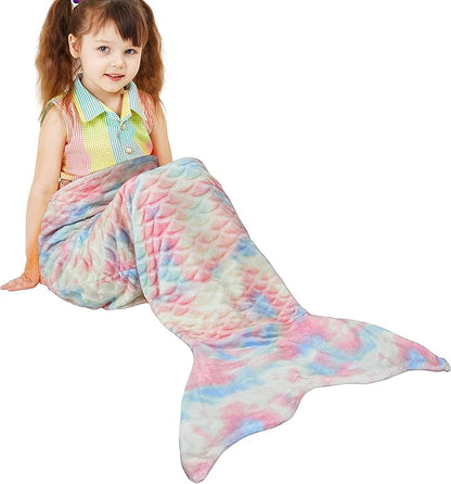 Catalonia Kids Mermaid Tail Blanket, Super Soft Plush Flannel Sleeping Snuggle Blanket for Girls, Cotton Candy, Fish Scale Pattern, Mermaid Gifts for Girls Birthday