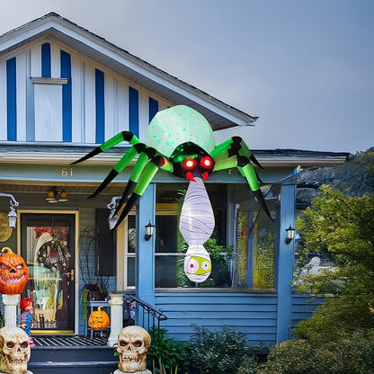 7FT Halloween Inflatables Spider Outdoor Decorations, Large Halloween Blow Up Yard Decorations with Mummy and Green LED Light, Scary Inflatable Decor for Eaves Cobweb Window Yard Lawn