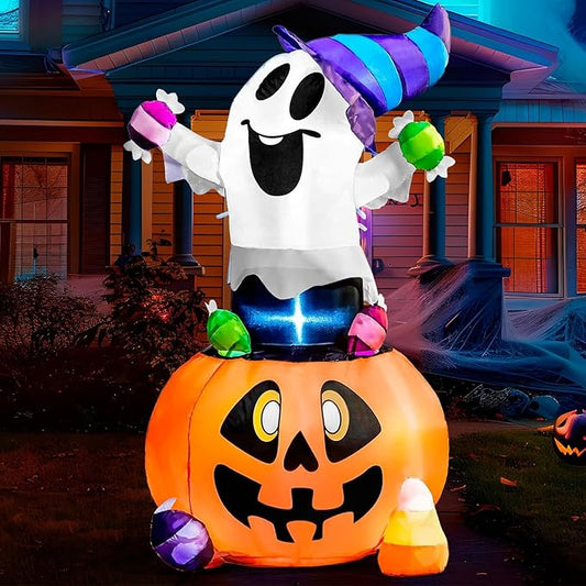 Joiedomi 5 FT Tall Halloween Inflatable Ghost Outdoor Decor, Blow Up Ghost Gripping Candy on Pumpkin with LED Lights, Halloween Yard Decoration for Garden