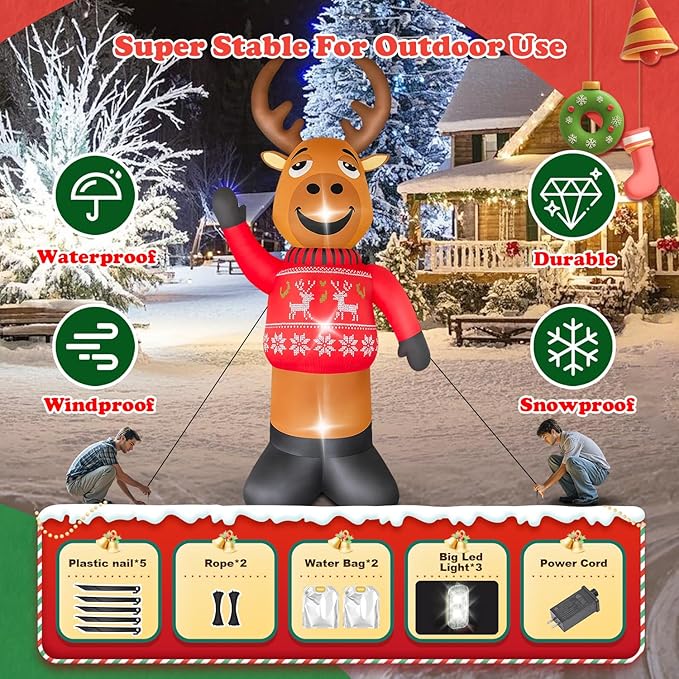 8 FT Christmas Decorations Outdoor Inflatables Giant Deer Yard Decor with Build-in LEDs Blow Up for Christmas Party Indoor Outdoor Yard Garden Lawn Patio
