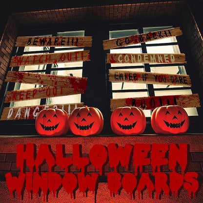 10pcs 39"x4.7" Halloween Haunted Window Boards, Beware Signs Window Warning Signs,Waterproof Outdoor Scary Sign for Halloween Party Decoration (10pcs window boards)