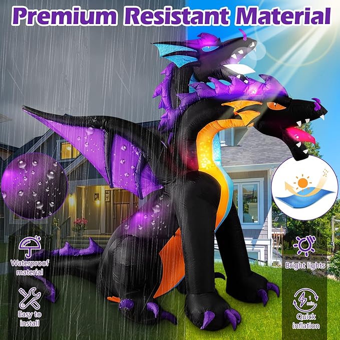 MICOCAH Halloween Inflatables 7 FT Tall Giant 2 Headed Dragon Outdoor Decorations, Built-in Flashing LEDs Scary Blow Up Yard Decoration Outside for Lawn Entrance Indoor Party Garden Inflated Décor