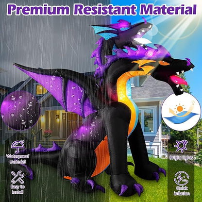 MICOCAH Halloween Inflatables 7 FT Tall Giant 2 Headed Dragon Outdoor Decorations, Built-in Flashing LEDs Scary Blow Up Yard Decoration Outside for Lawn Entrance Indoor Party Garden Inflated Décor