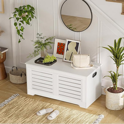 DINZI LVJ Storage Chest, 39.4”Wooden Toy Box with 2 Safety Hinges, Retro Entryway Shoe Storage Bench with Flip-Top, Sturdy Large Storage Trunk for Living Room, Bedroom, Easy Assembly, White