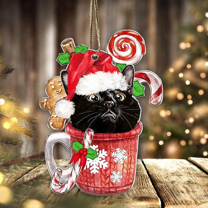 Acrylic Cat Christmas Ornament - Cute Black Kitten Decoration for Cat Lovers - 2024 Xmas Tree Hanging