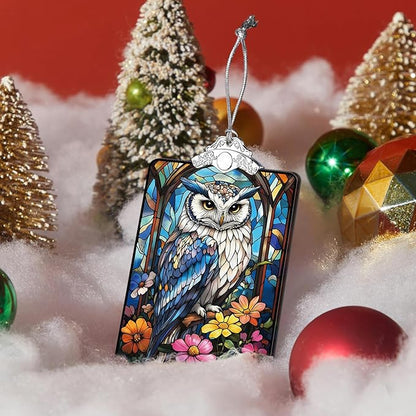 Owl and Wildflowers Stained Glass Ornament, 2025 Christmas Tree Hanging Decoration for Gift Exchange or Stocking Stuffer, Holiday Decor, 3.8 x 2.4 Inch