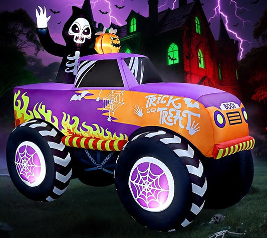 Halloween Inflatables Decorations, 8 Ft Long Outdoor Blow Up Monster Skeleton Truck Car Shape with Inflate Scary Skull Spider Web Wheels Trick or Treat Build-in LEDs for Garden Yard Lawn Party Decors