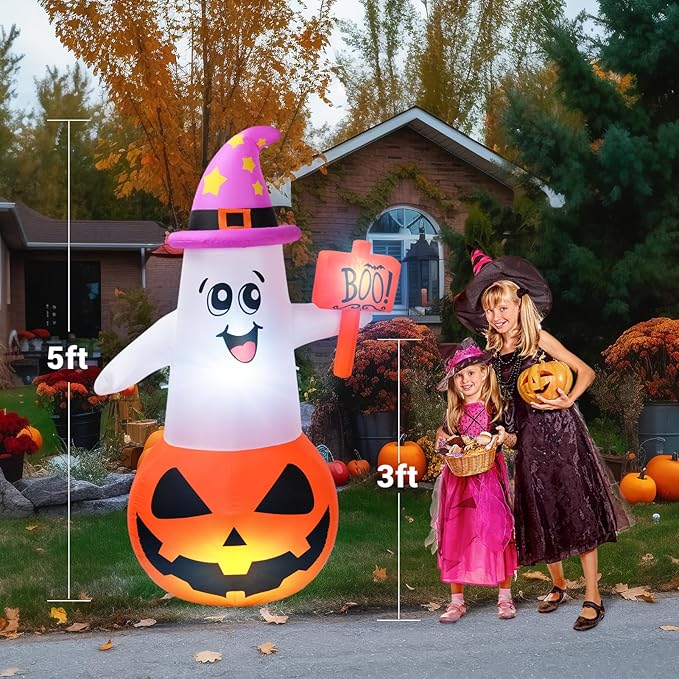 BOHON 5Ft Halloween Inflatables Decorations Outdoor Cute Pumpkin Ghost with Witch Hat Built-in Led Lights Blow Up Yard Decor Inflatable Clearance for Indoor Outside Home Holiday Party Lawn Garden