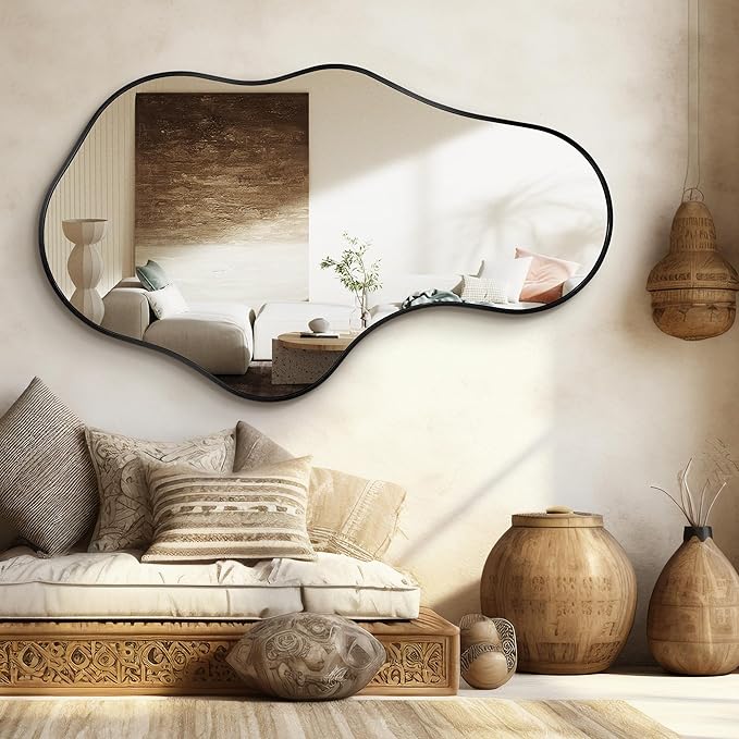 Irregular Wall Mirror - Wall Mirrors Decorative 26"x 43" Asymmetrical Abstract Mirror Aviation Aluminum Alloy Frame Unique for Bathroom, Bedroom, Living Room, Cloakroom, Entryway Black