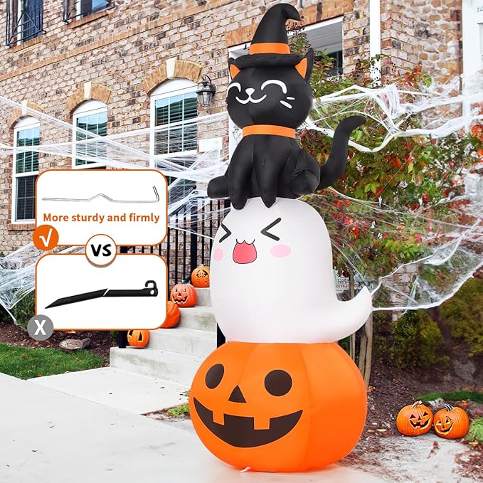 COMIN 6 FT Halloween Inflatables Pumpkin Ghost Cat Combo Outdoor Decorations Blow Up Yard with Built-in LEDs for Indoor Party Garden Lawn Decor