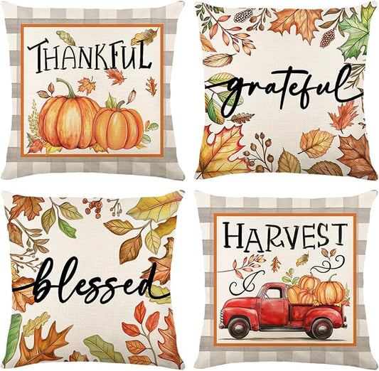 Fall Decorations for Home, Fall Pillow Covers 18x18 Set of 4, Thanksgiving Decorations Autumn Cushion Case for Couch(Fall07)