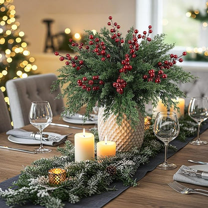 12Pcs/84Pcs Christmas Artificial Pine Branches with Red Berry Stems, 18‘’ Faux Evergreen Christmas Tree Picks, Cedar Cypress Leaves Stems for Xmas Decorations Indoor DIY Craft Garland Home Decor